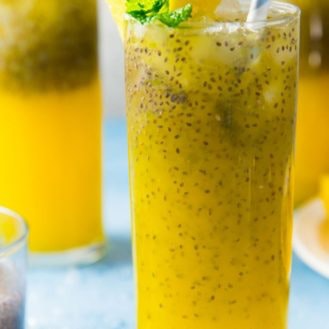 Exotic Mango Passion Mocktail: chia seeds and a big ice block